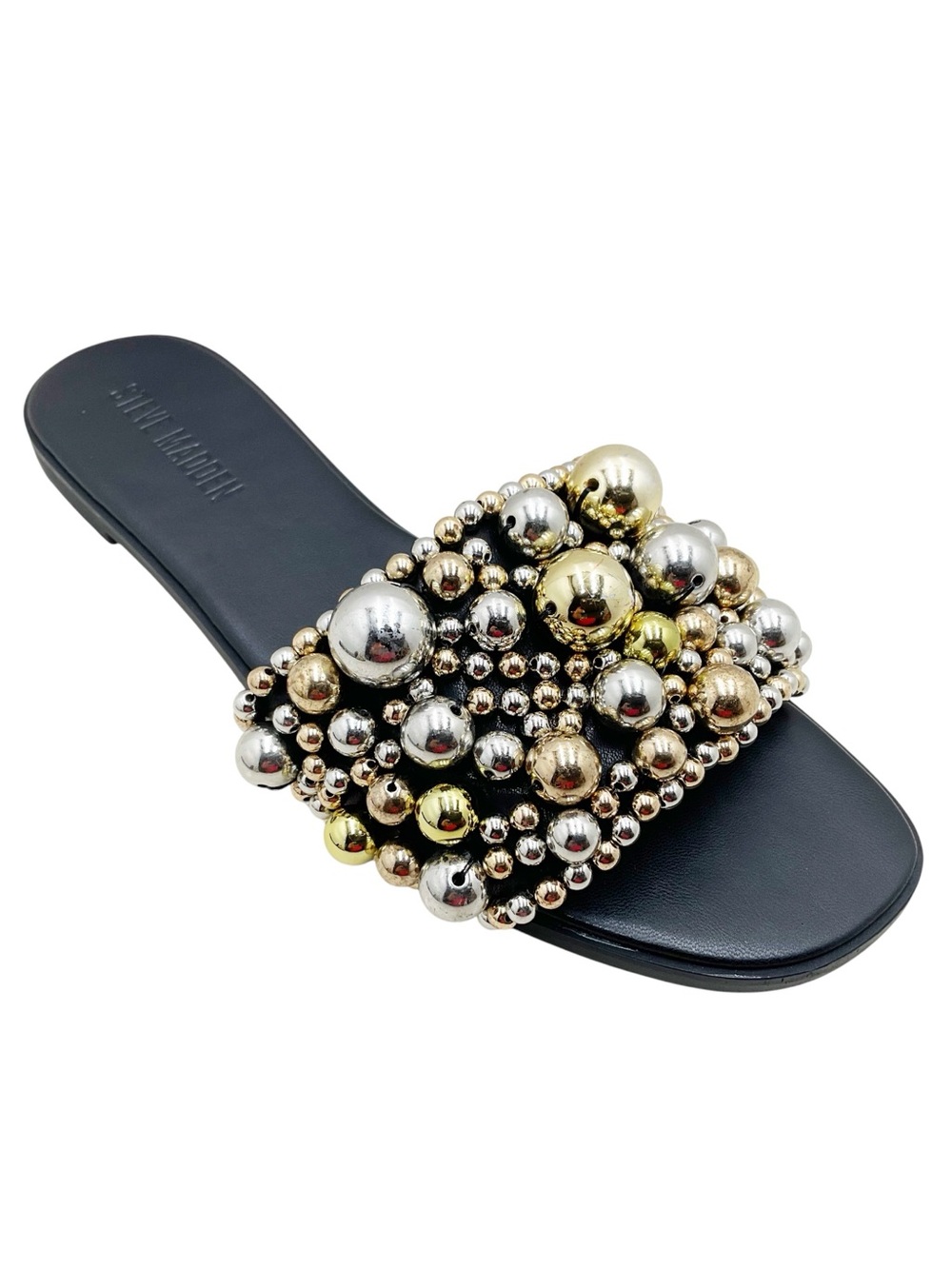 {Steve Madden} Klio Black Multi Embellished Metallic Bead Slide Sandals